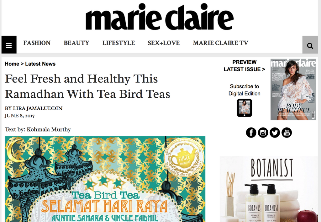 Marie Claire feature on Tea Bird Tea  Raya hydration packs