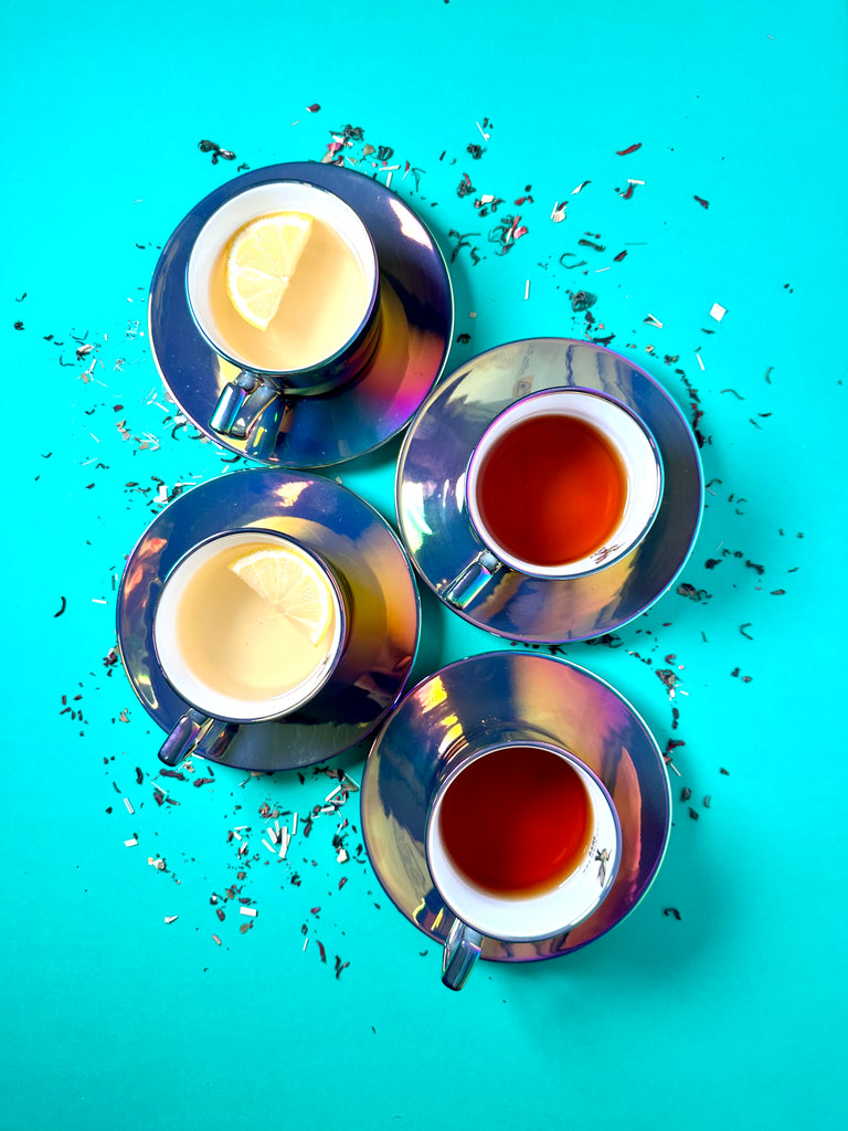 4 X Rainbow Chrome Tea Cup and Saucer