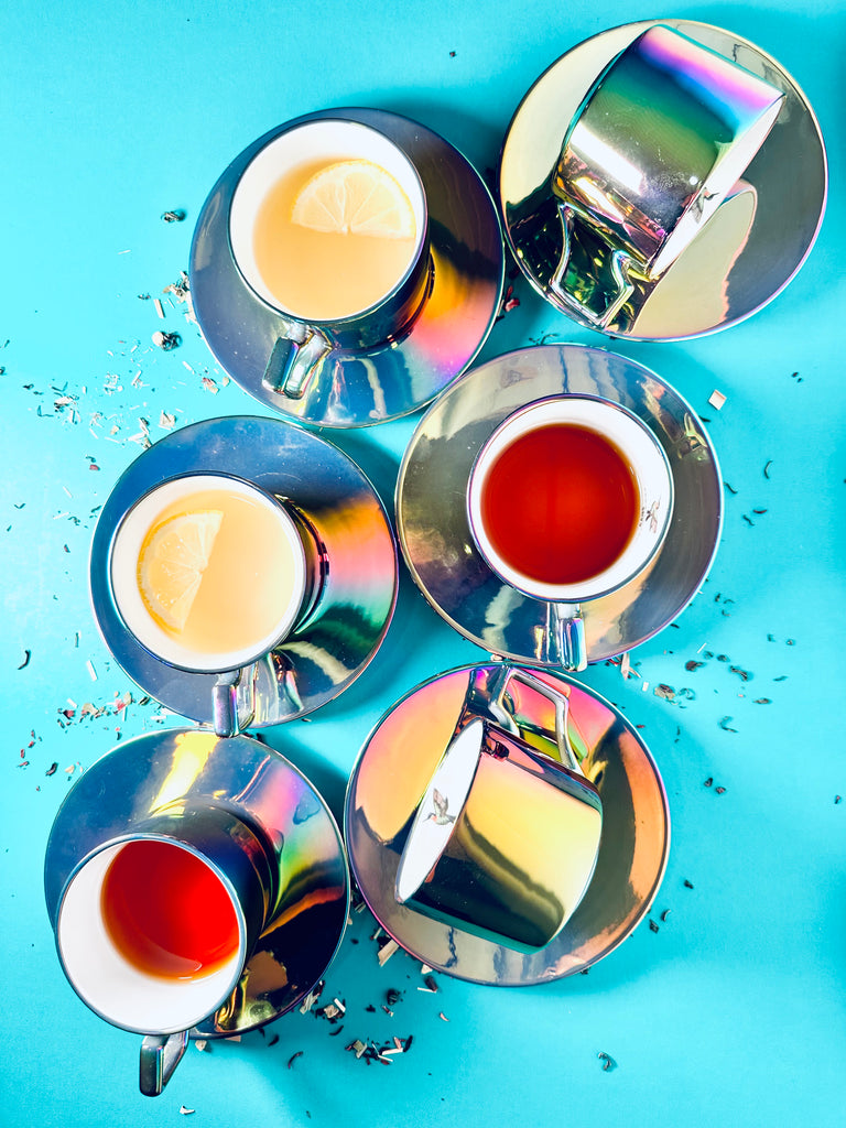 6 X Rainbow Chrome Tea Cup and Saucer